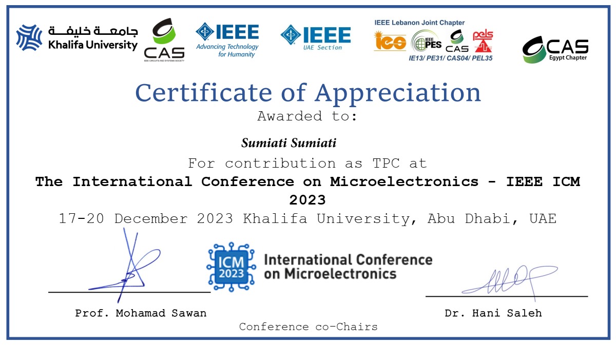 Akademisi Universitas Serang Raya, Sumiati, ST., MM., Ph.D., Terima Penghargaan sebagai Reviewer di Konferensi Internasional IEEE ICM 2023